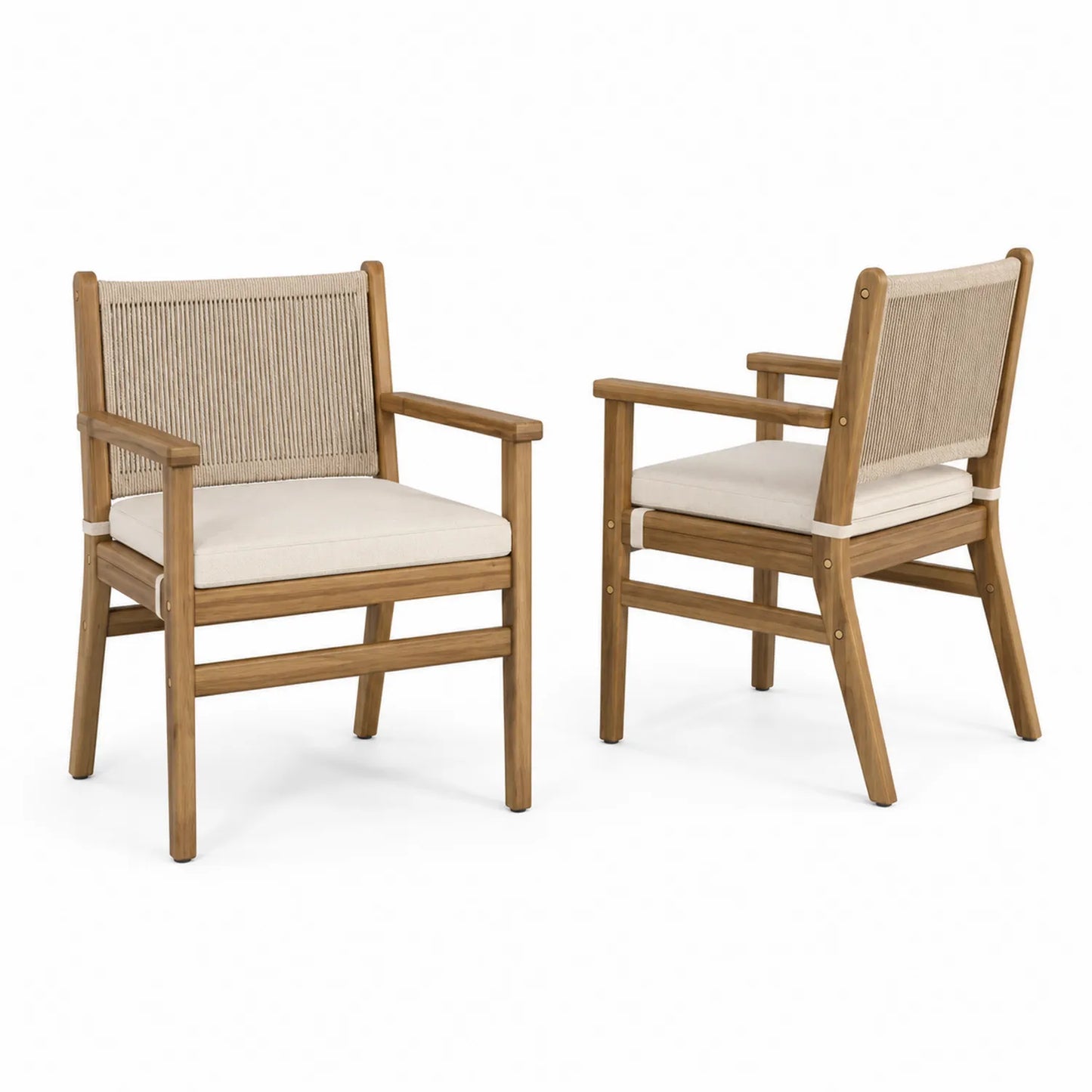 Teakholz Stuhl Set mit Polyesterseil Rückenlehne und Kissen Beige
