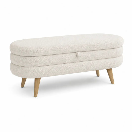 Polsterbank aus Bouclé mit Holzfüßen Creme 120x40x45cm