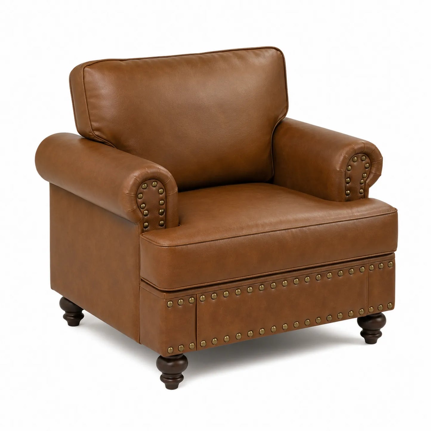 PU-Leder Sessel Braun mit Holzfüßen und Nieten