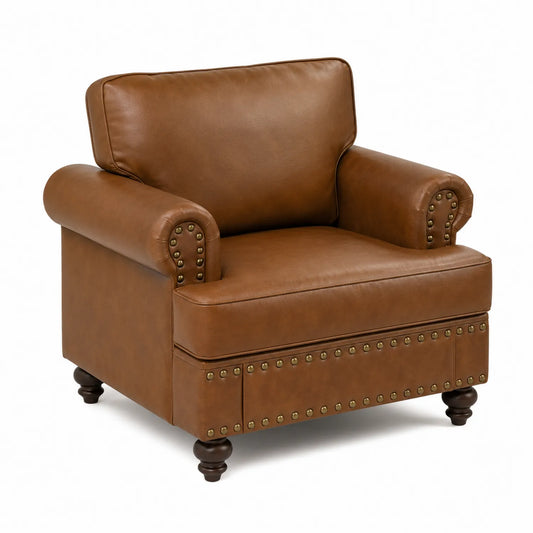 PU-Leder Sessel Braun mit Holzfüßen und Nieten
