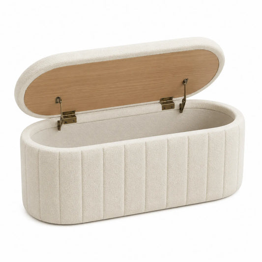 Ovale Stauraum-Bank aus Holz mit Polyesterbezug, Creme, 120cm