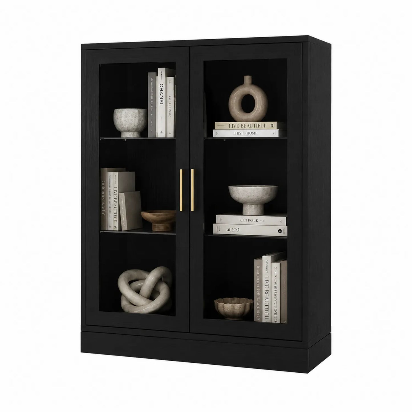 Schrank mit Glastüren aus Holz und Metallgriffen Schwarz 150x120x35 cm