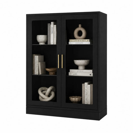 Schrank mit Glastüren aus Holz und Metallgriffen Schwarz 150x120x35 cm