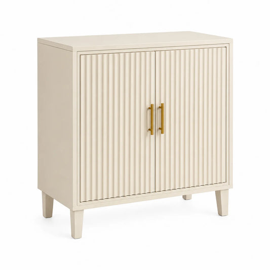 Aufbewahrungsschrank aus MDF mit Rillendekor und Metallgriffen, Creme