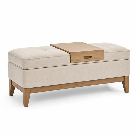 Holz Sitzbank mit Stauraum und Leinenbezug Beige 120x40x45 cm